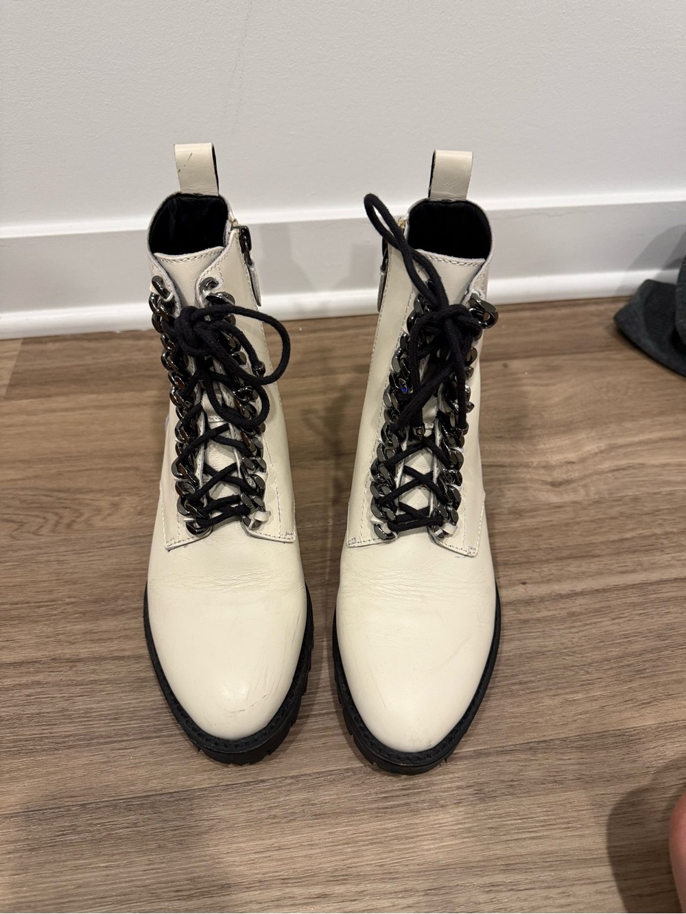 Rebecca Minkoff Cream Lace-Up Combat Boots with Black Chain Lacing